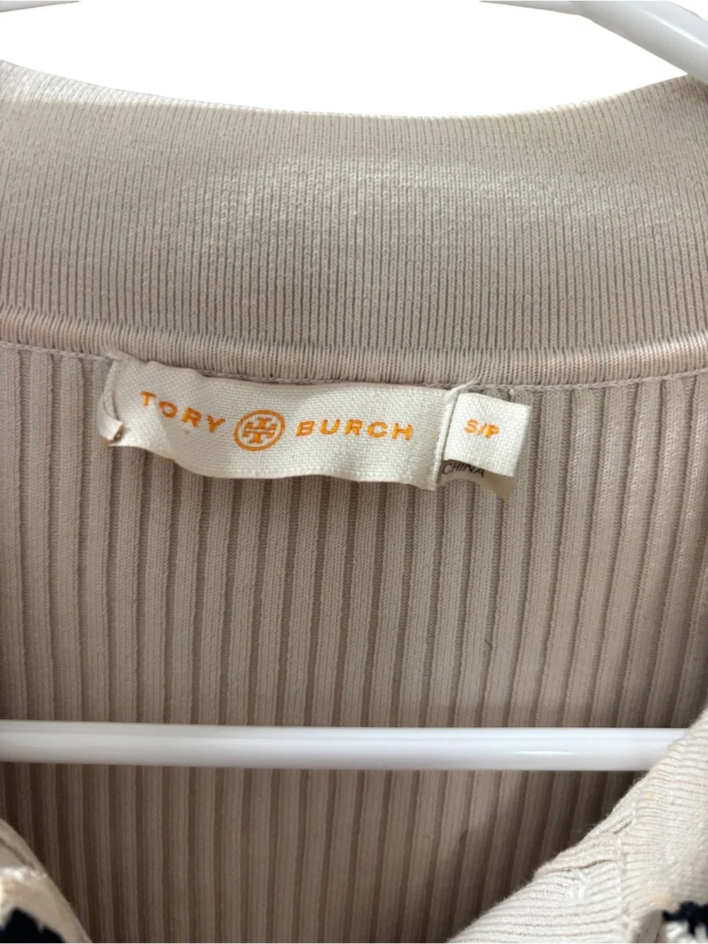 Tory Burch Women's Mila Ribbed Knit Cream & Black Contrasting Trim Collar Sz S/P